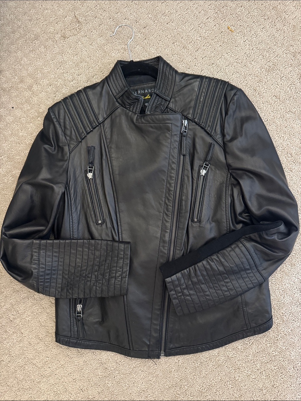 Bernardo Black Quilted-Trim Leather Bomber Jacket women